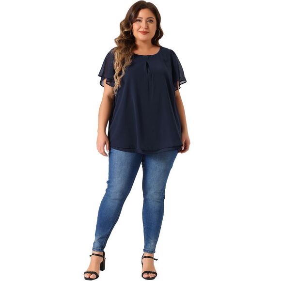 Plus Size Chiffon Blouse Ruffle Sleeve Work Tops Navy Blue - Picture 3 of 5